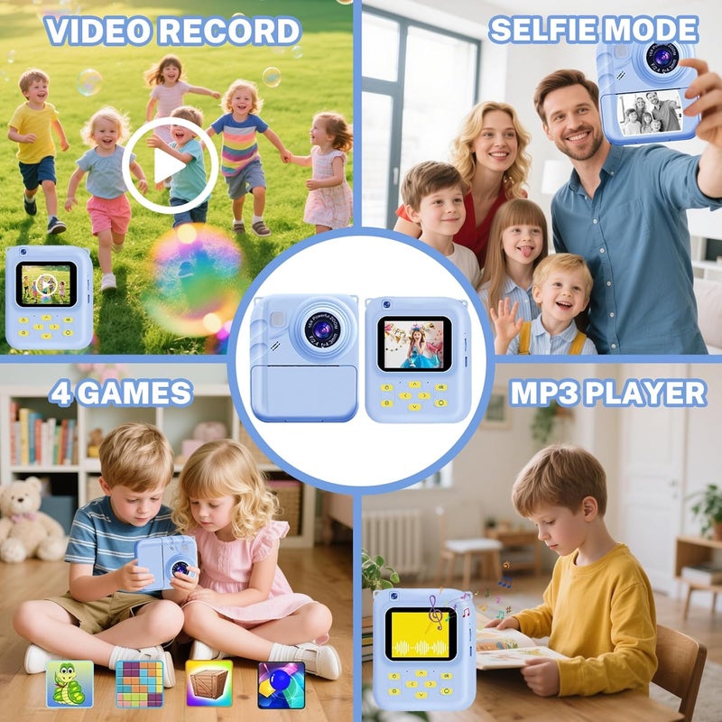QDH Instant Print Camera for Kids, 1080P Video Camera with 3 Print Rolls, 32GB Card & Cute Cover, Gift for Girls Boys Age 3-12, Toddler Digital Camera with Games, Filters, Music – Blue - Image 3